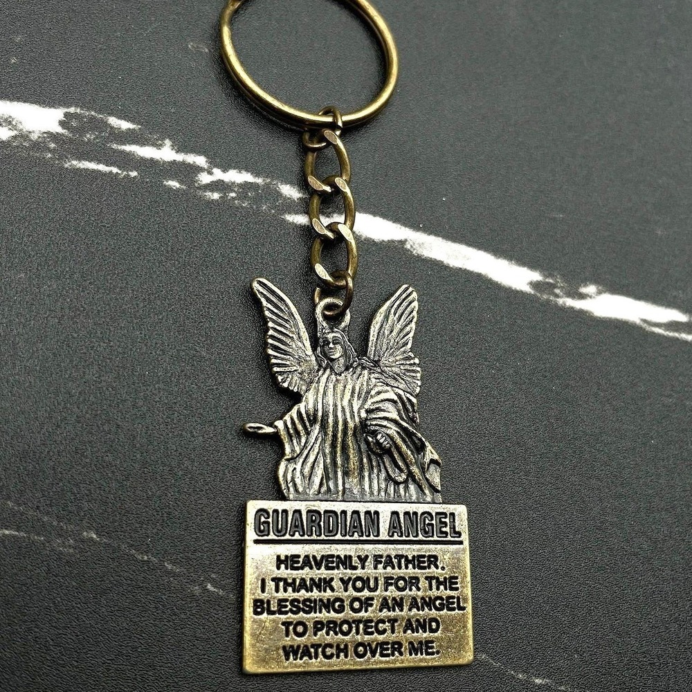Vintage Guardian Angel Prayer Medal Keychain Antique Brass Unisex Excellent